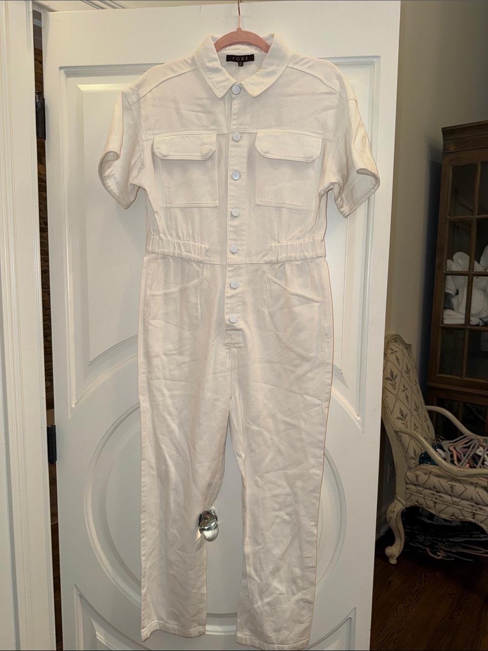 Structured Cream Short-Sleeve Button Jumpsuit